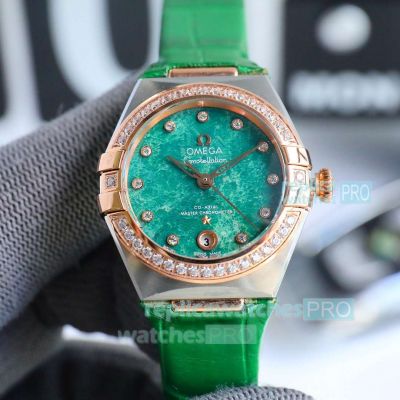 Super Clone Omega Constellation Yellow Gold Diamond Bezel Green Dial Swiss 8700 Watch